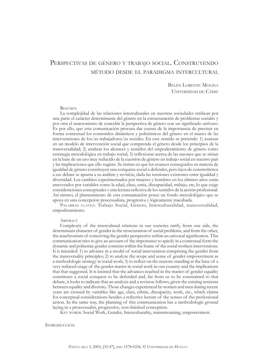 Perspectivas de genero y trabajo social. Construyendo metodo desde el paradigma intercultural